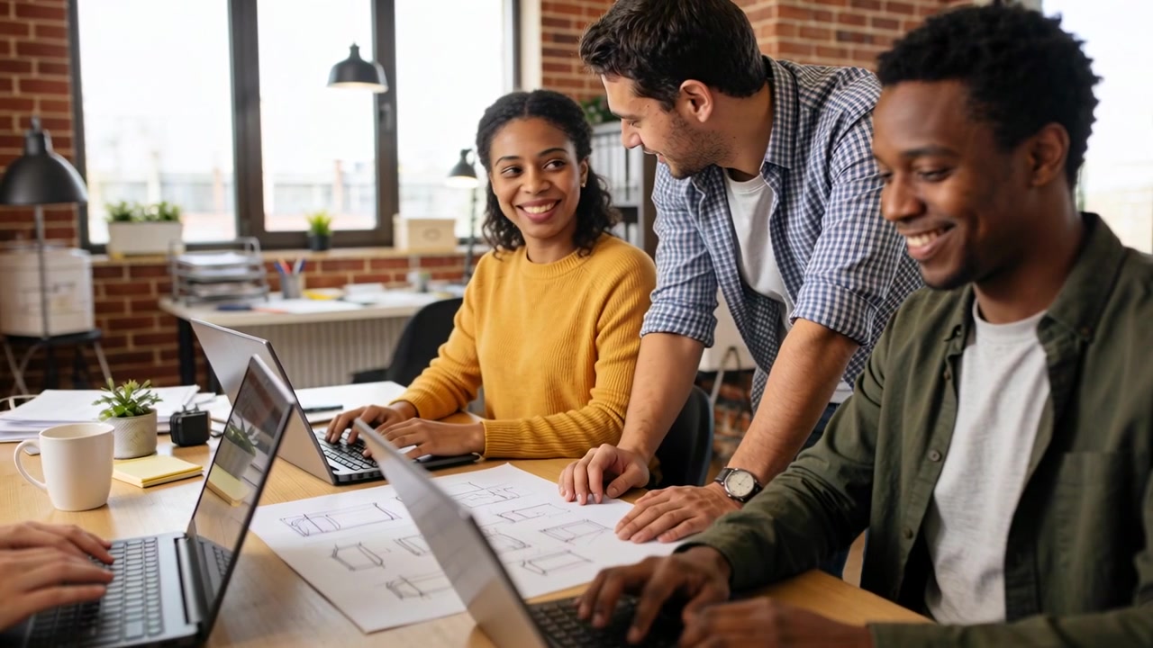 Pointing leaning man guiding team at desk, woman in mustard sweater typing laptops aligning design