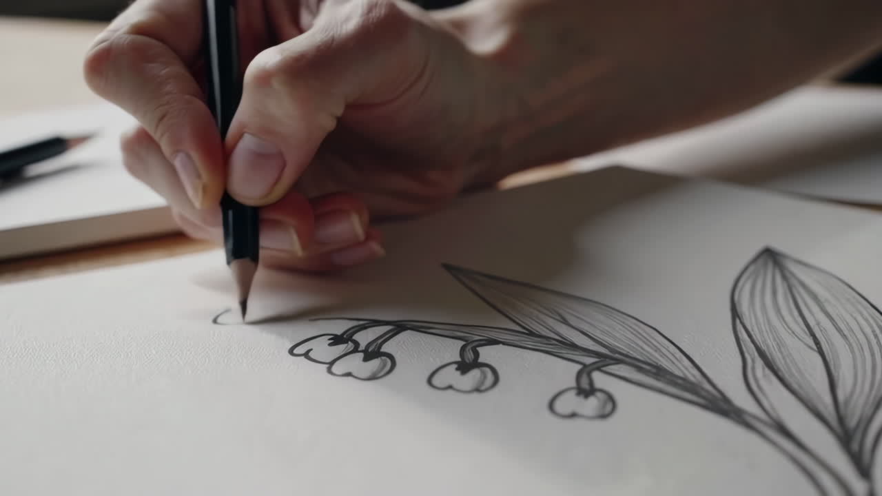 Hand drawing a lily of the valley flower with pencil