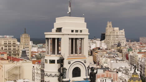 Landmark-tower-of-Madrid-with-cityscape-around,-aerial-orbit-view