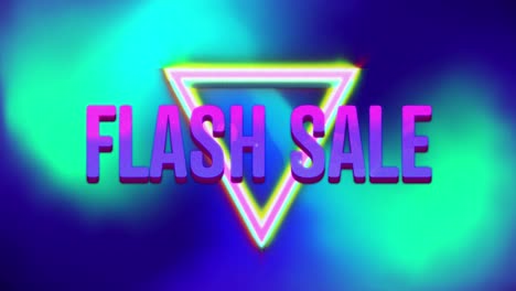 Animation-of-purple-and-pink-text-flash-sale-with-colourful-triangles,-over-green-and-blue-blurs