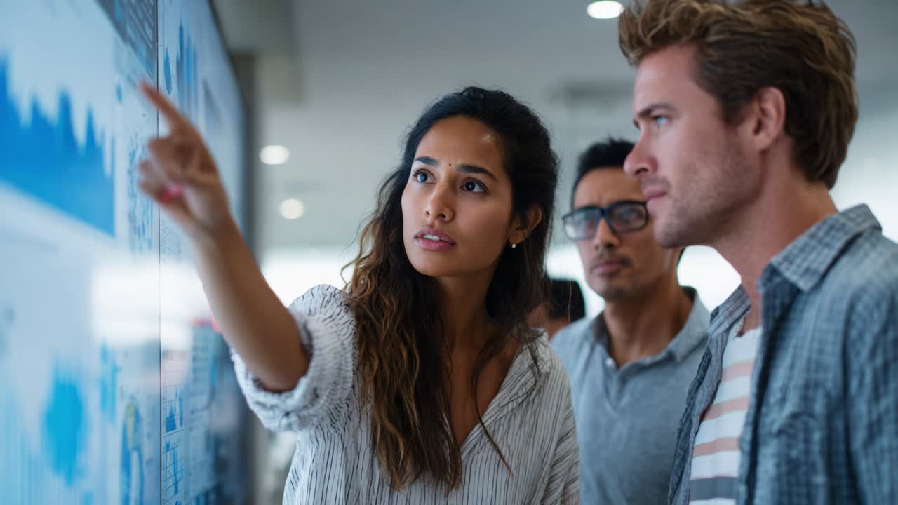 In a modern office environment, a focused woman gestures towards a digital screen filled with data visualizations while explaining insights to two engaged colleagues, showcasing teamwork and collaboration