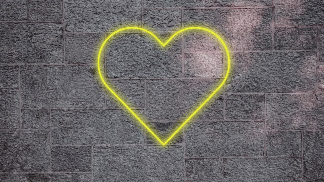 анимация мерцающей неоновой иконы сердца на кирпичной стене