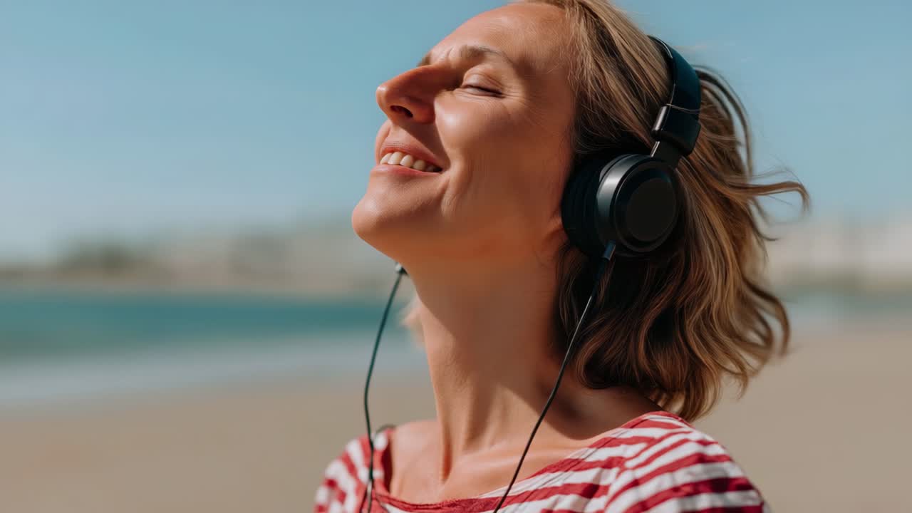 mujer disfrutando de la música en la playa