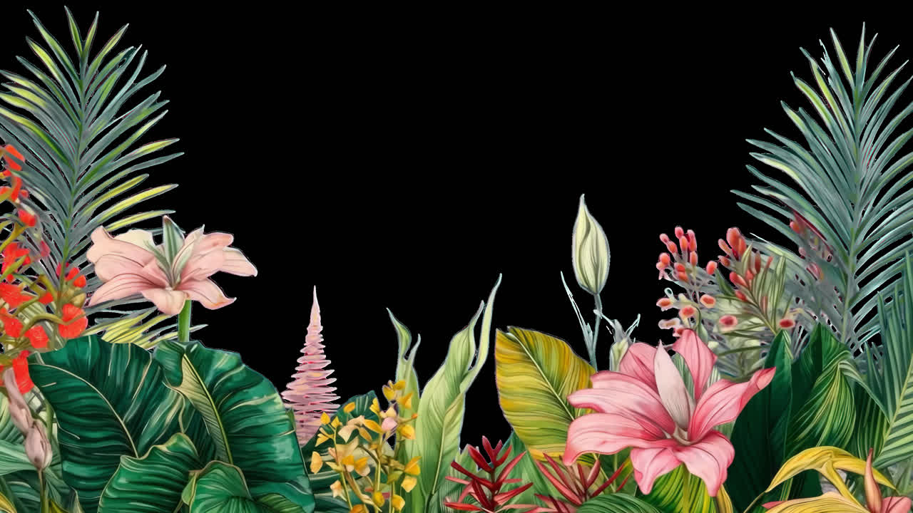 Sovrapposizione animata con bordo floreale tropicale vivace, video 4K trasparente, canale alfa, ProRes 4444