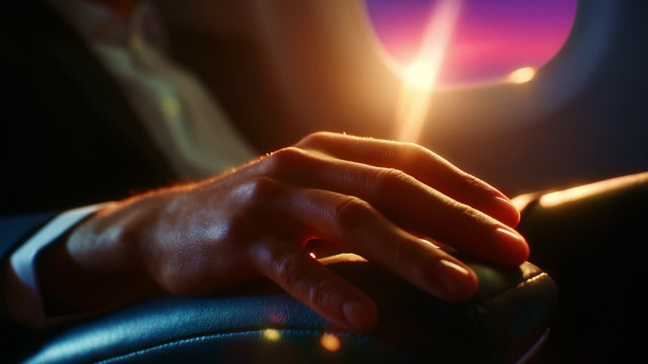 A Journey Through the Skies: Captivating Moments of Reflection with a Hand Resting on an Airplane Armrest, Bathed in the Warm Glow of Sunset Illuminating the Cloudy Horizon