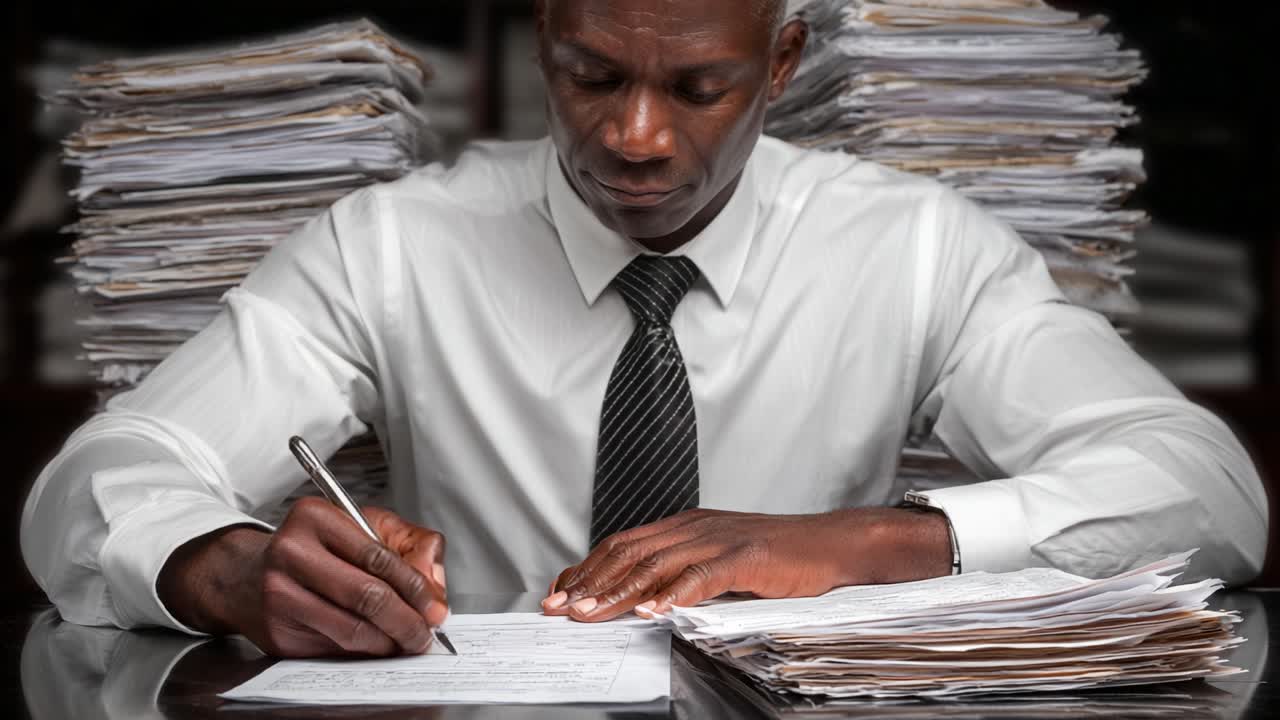 A Focused Individual Diligently Completing Important Documentation Amidst a Mountain of Paperwork, Showcasing Commitment and Professionalism in an Office Environment
