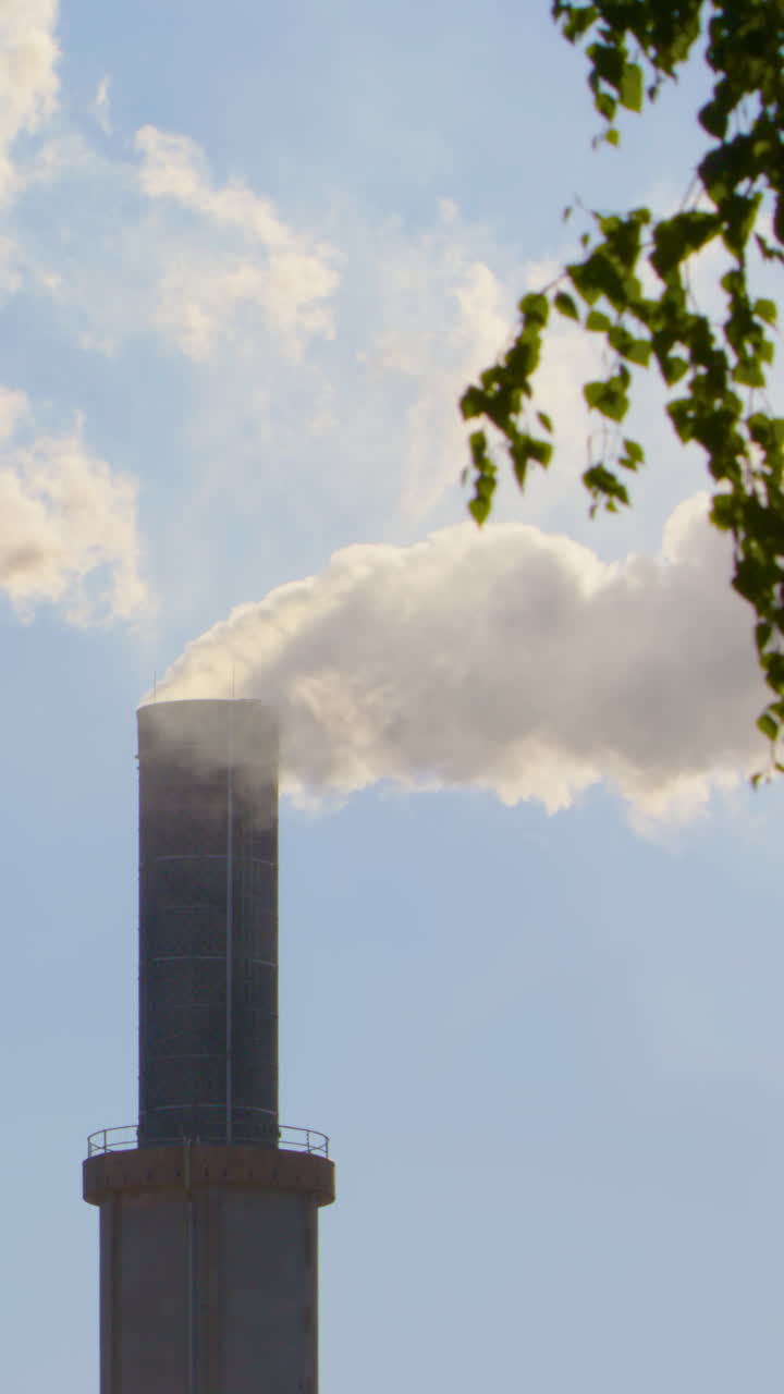 Toxic smoke greenhouse gas pour out from industrial factory smokestack, vertical