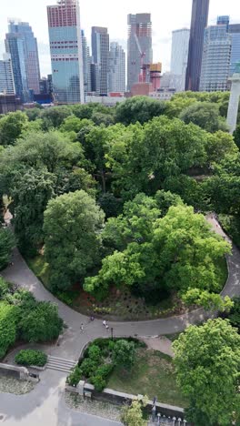 aerial view of a park in manhattan with city buildings in the background