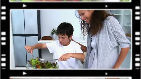 montaje de personas felices en una cocina