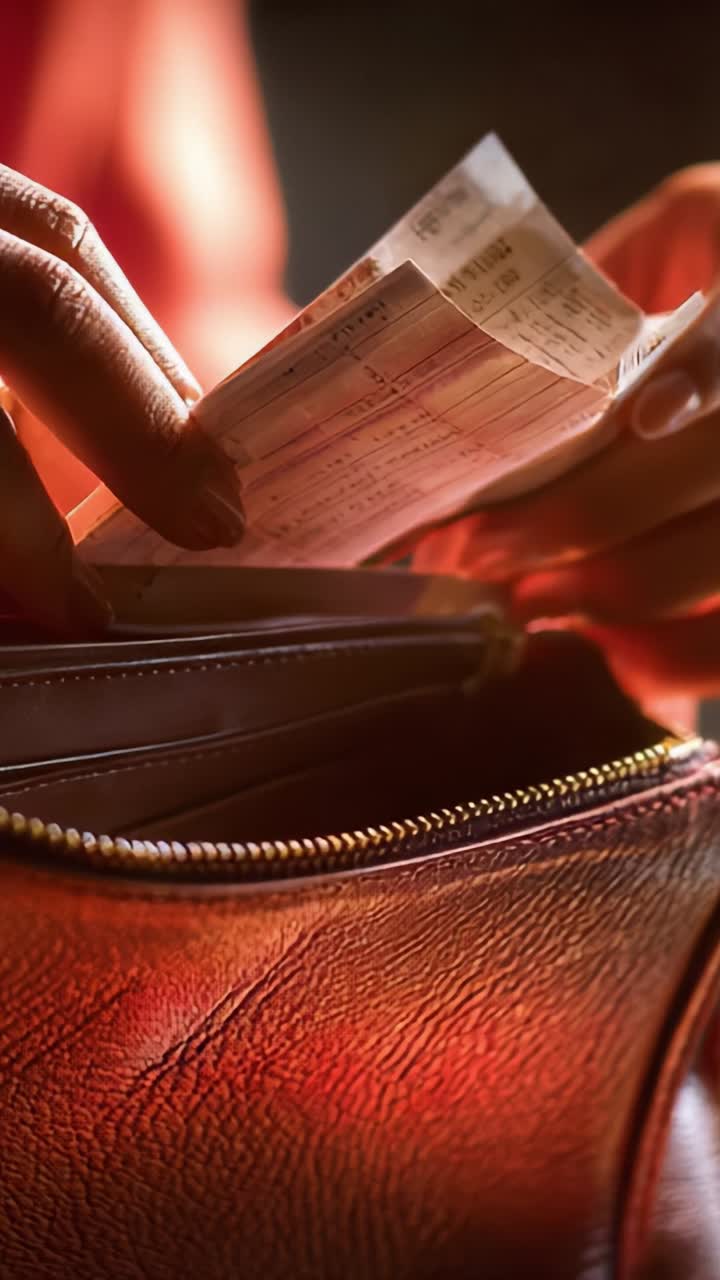 A Detailed Look at the Process of Organizing and Managing Receipts Inside a Stylish Wallet in a Softly Lit Environment