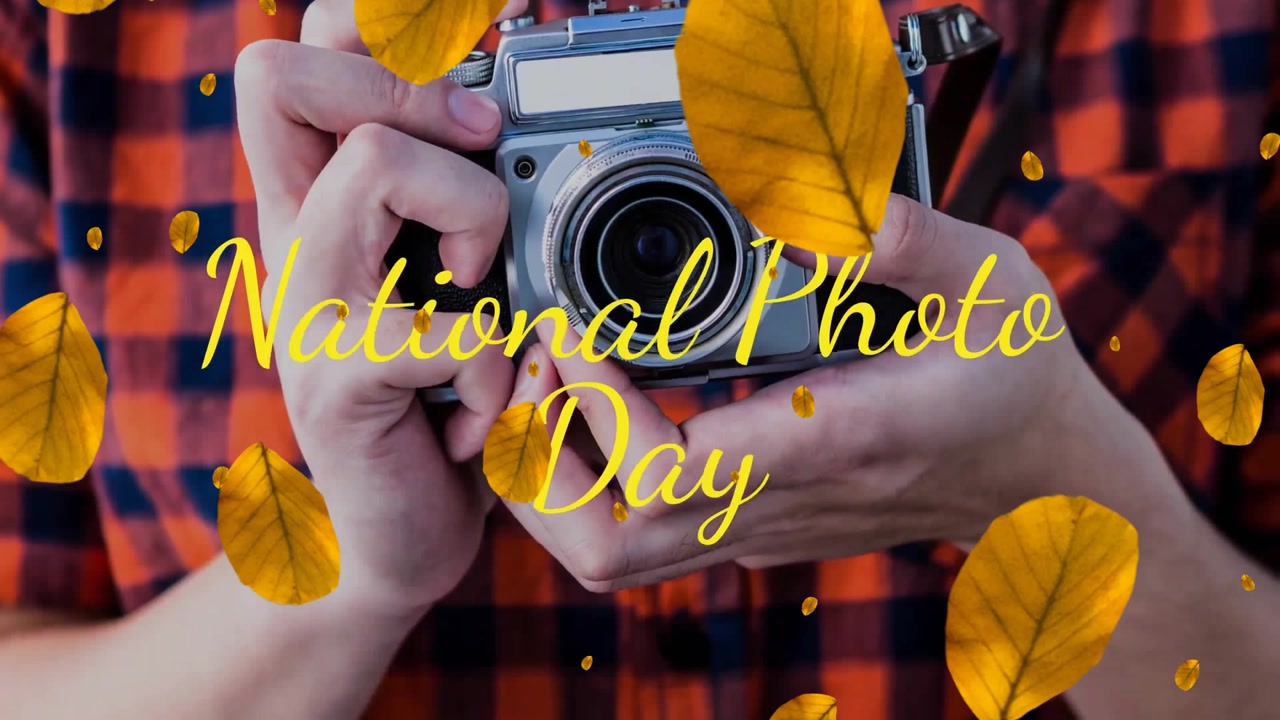 Animation of national photo day text and leaves falling over caucasian man holding camera