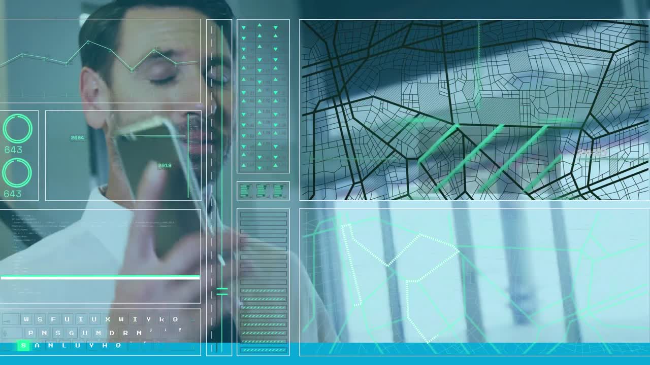 animación de procesamiento de datos contra un hombre de negocios caucásico con una bolsa de carrito hablando en un teléfono inteligente