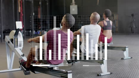 animation of data on graph over diverse woman and men training on rowing machines at gym