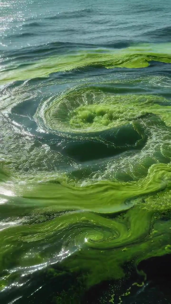 Video verticale: Stuoie di alghe verdi che si agitano e si stringono mentre il vento trascina i filamenti attraverso la baia, mare illuminato dal sole