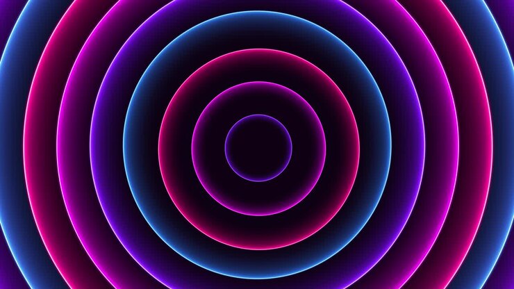 Modello astratto con animazione di onde circolari al neon luminose