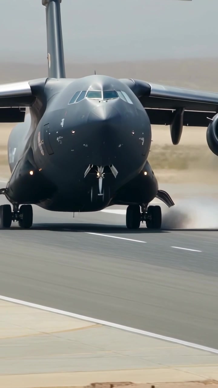 Video verticale: Aereo cargo in atterraggio che tocca terra sulla pista dopo l'avvicinamento finale, con fumo dai carrelli.