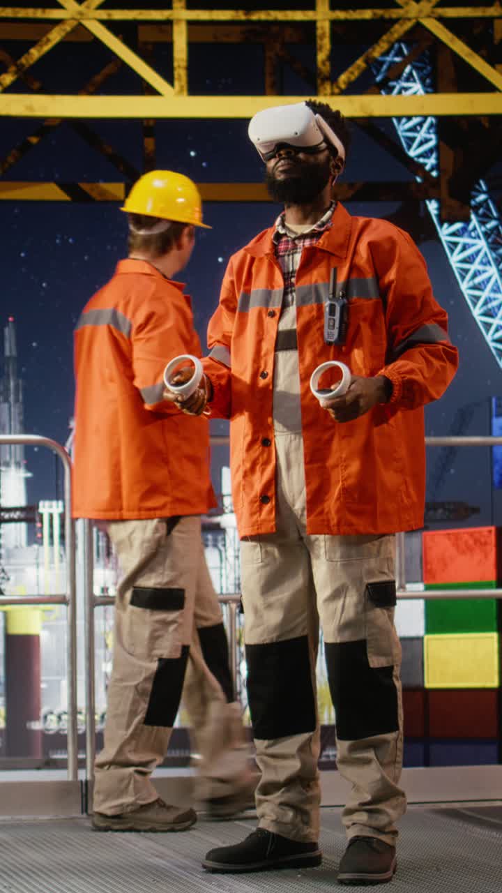 Vertical Video Black oil industry employee working with VR headset to visualize fuel extraction