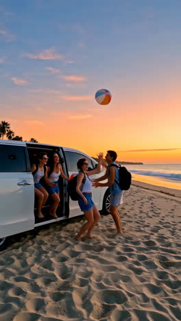friends exiting van and playing with beach ball on a sunset beach