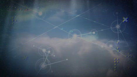 Animation-of-network-of-connections-over-sky-with-clouds