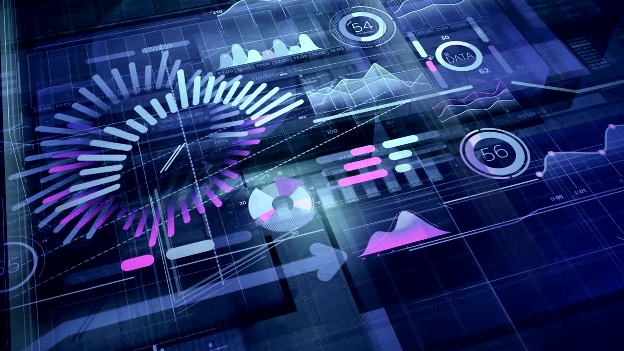 Dark blue 3D background with animated infographics.