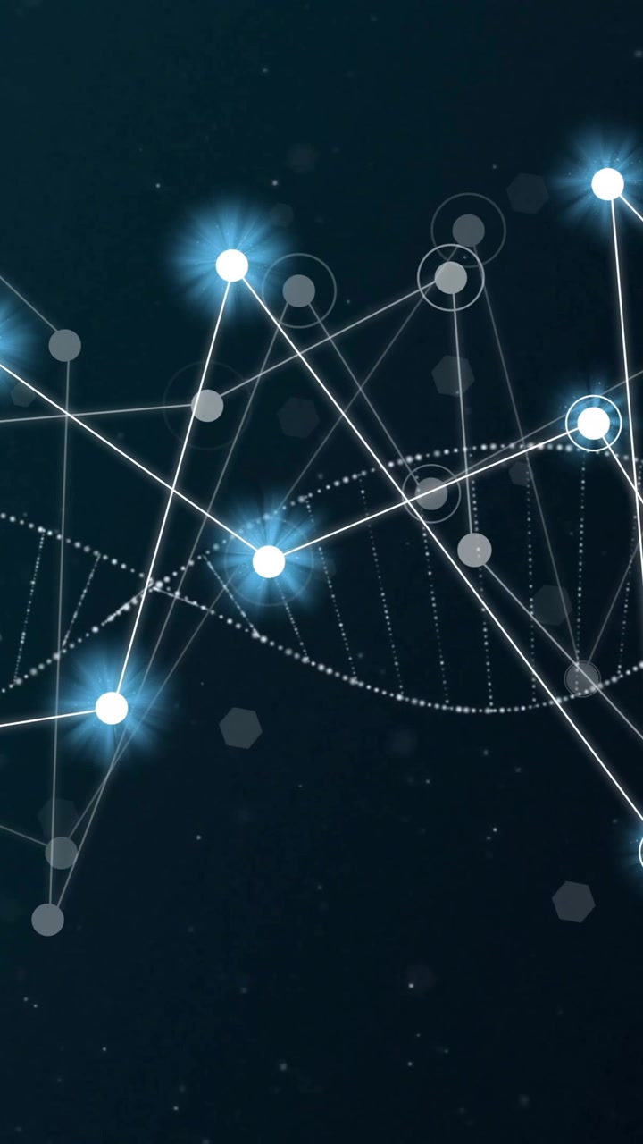 Animation of glowing white network of connections over dna strand on black background