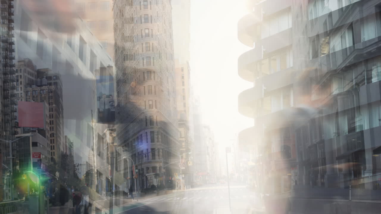 빠른 속도로 걸어가는 보행자들과 함께 바쁜 도시 거리의 애니메이션