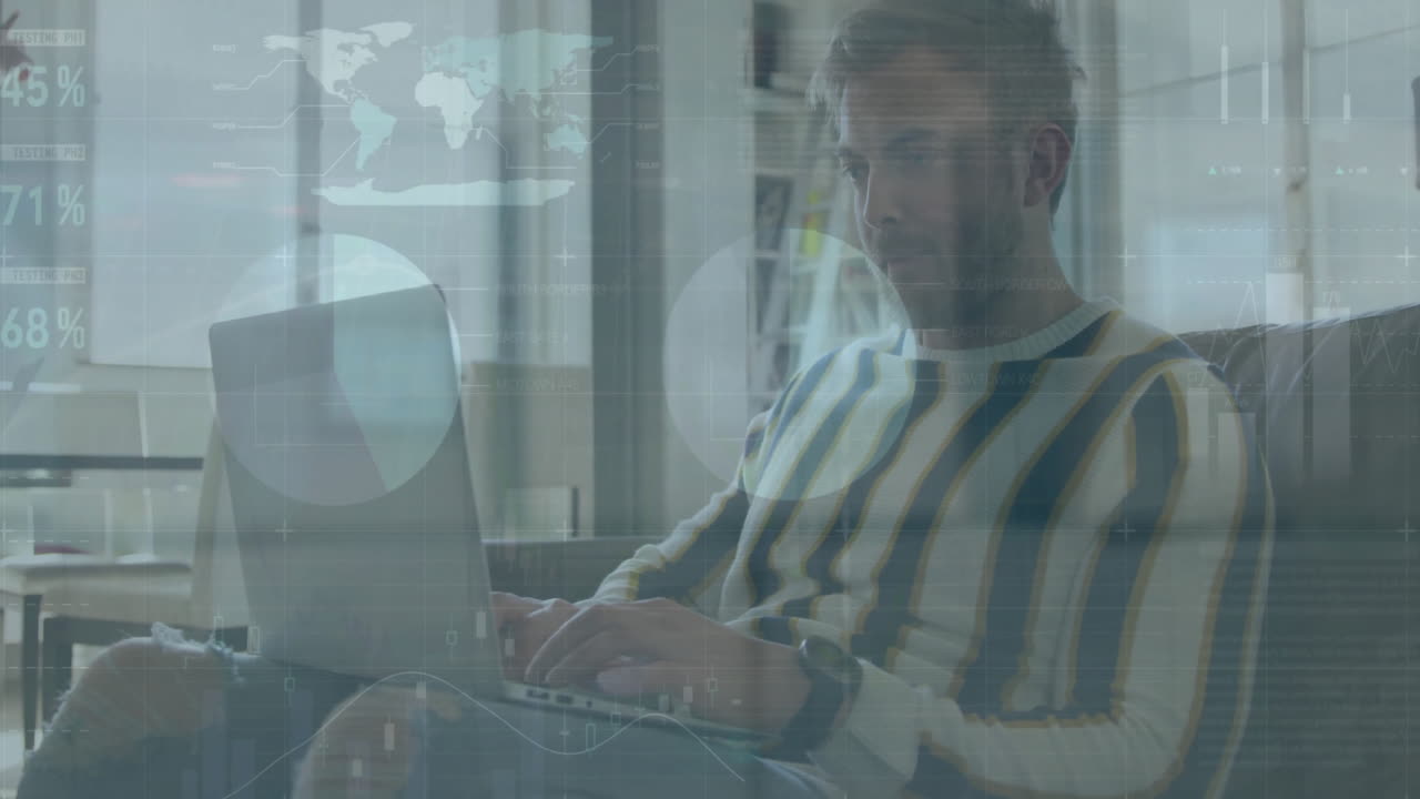 Animation of data processing over caucasian man using laptop
