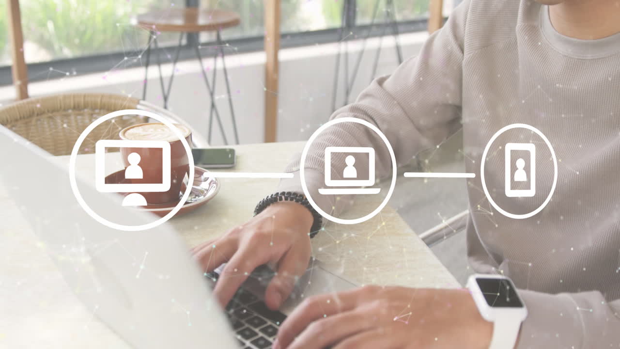 Animation of data processing and networks over man using laptop