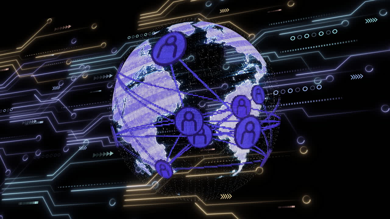Digital network connections and data processing animation over rotating Earth
