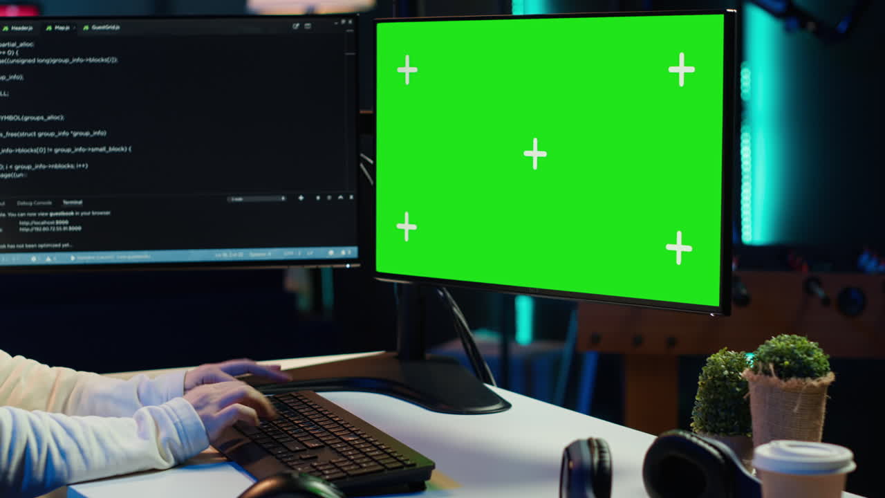 administrador instalando código fortificado en la pc de chroma key para evitar ataques cibernéticos