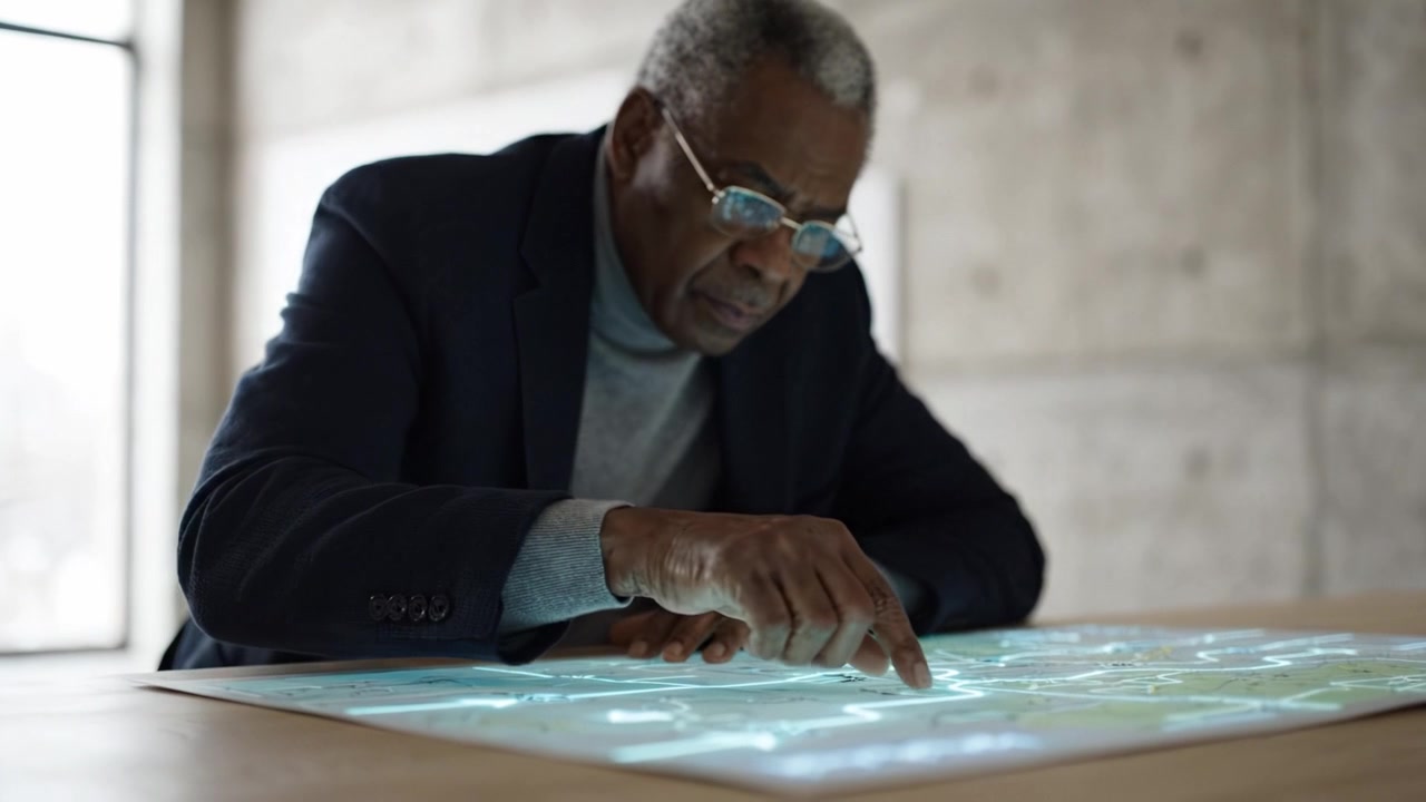 Focused Older Man Interacting with Digital Display on Table, Engaged in Thoughtful Exploration of Technology and Information in Modern Workspace Environment