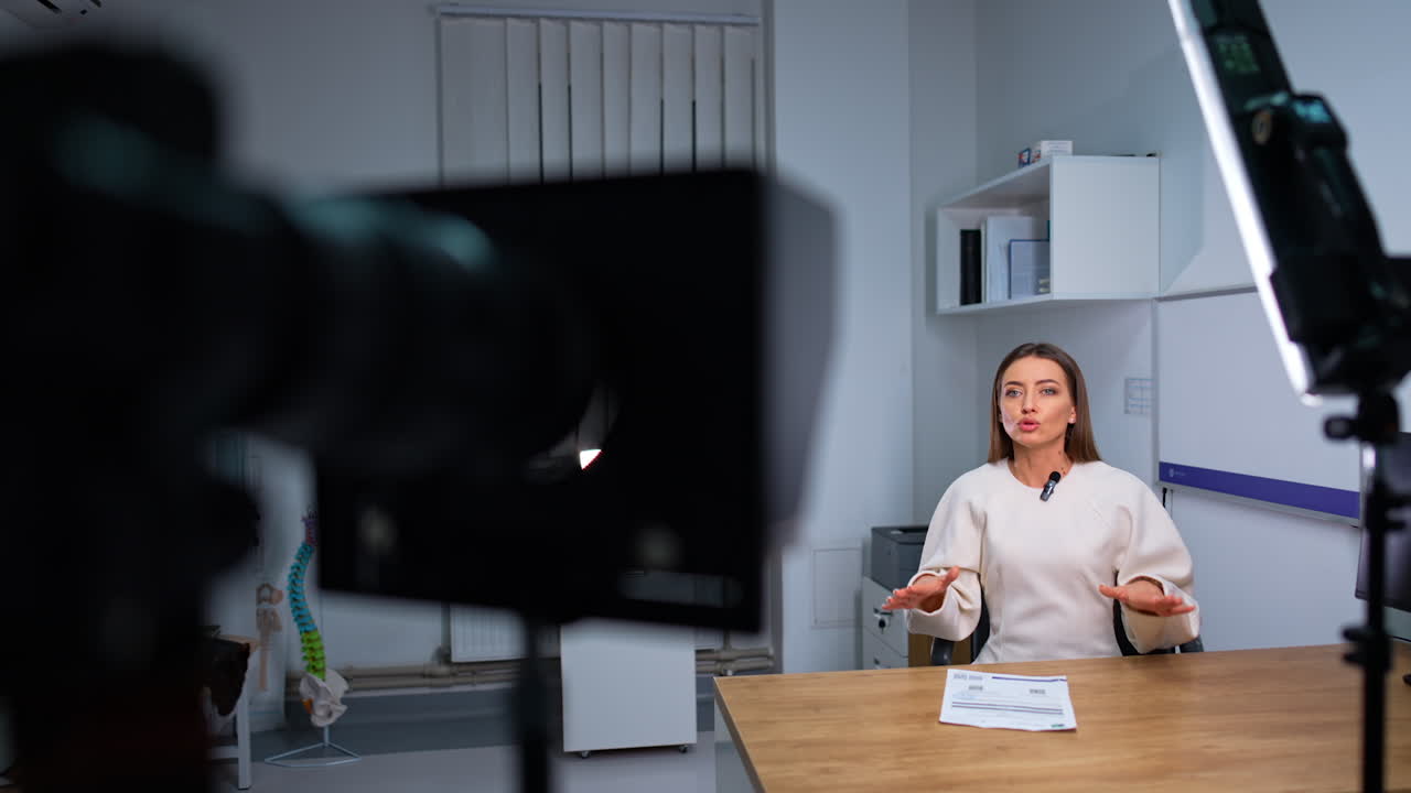 Beautiful woman speaks focused on camera. Female blogger records video for her blog. Focus on speaker and then on camera display.