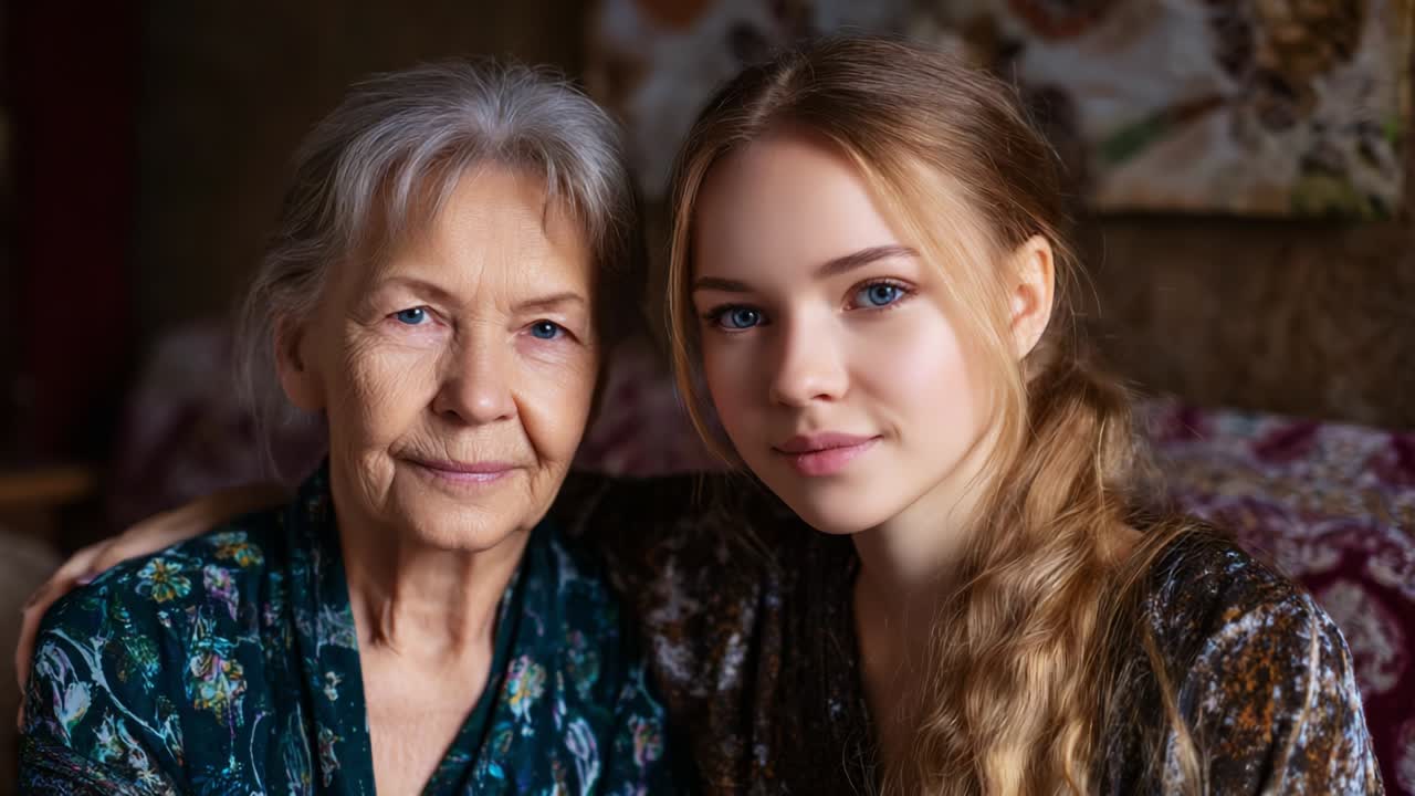 A touching portrait showcasing the deep connection between an elder woman and a younger woman, symbolizing love, family ties, and the beautiful bond that bridges generations in a serene, intimate setting