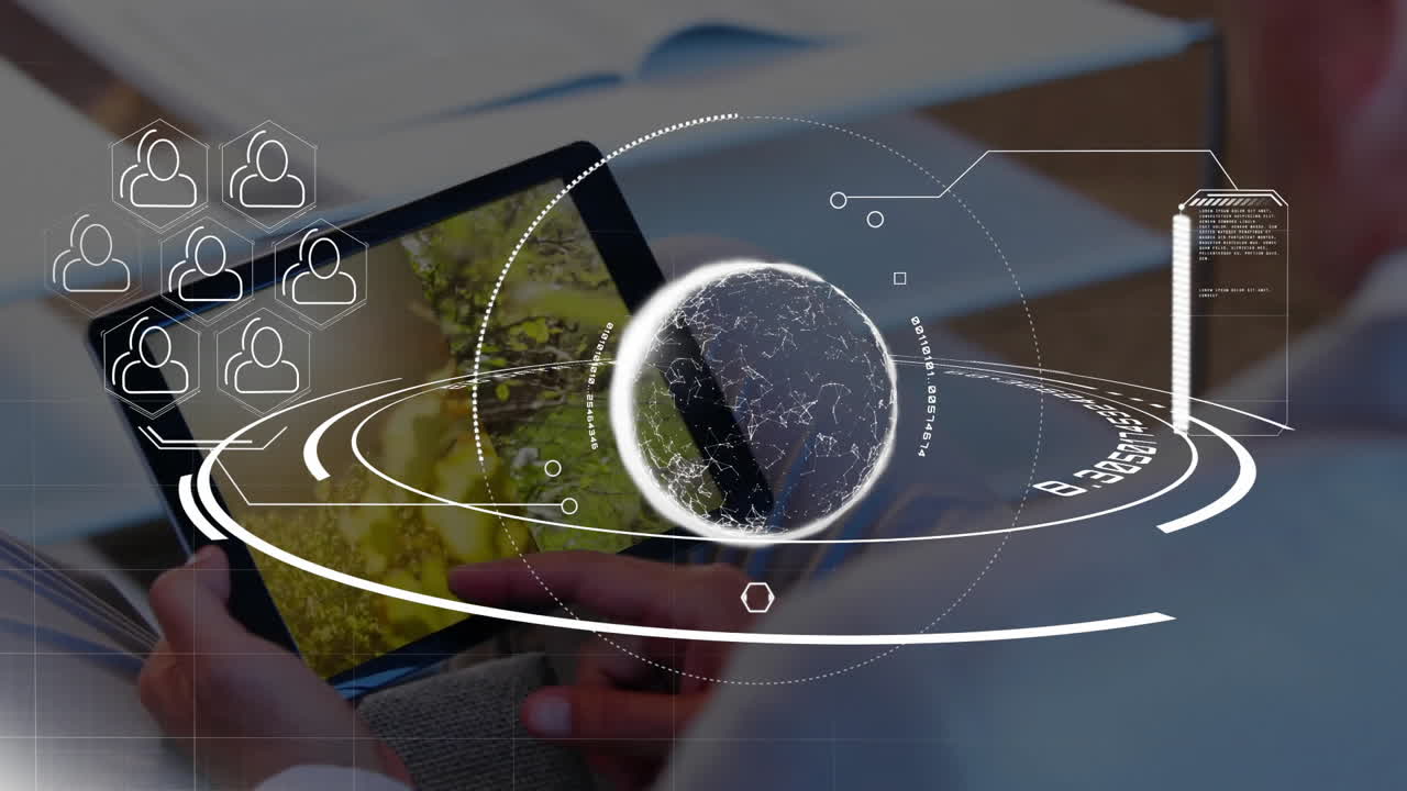 animación de alcance con procesamiento de datos y personas iconos sobre mujer caucásica con tableta