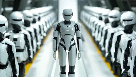 a group of robots standing in a line in a factory