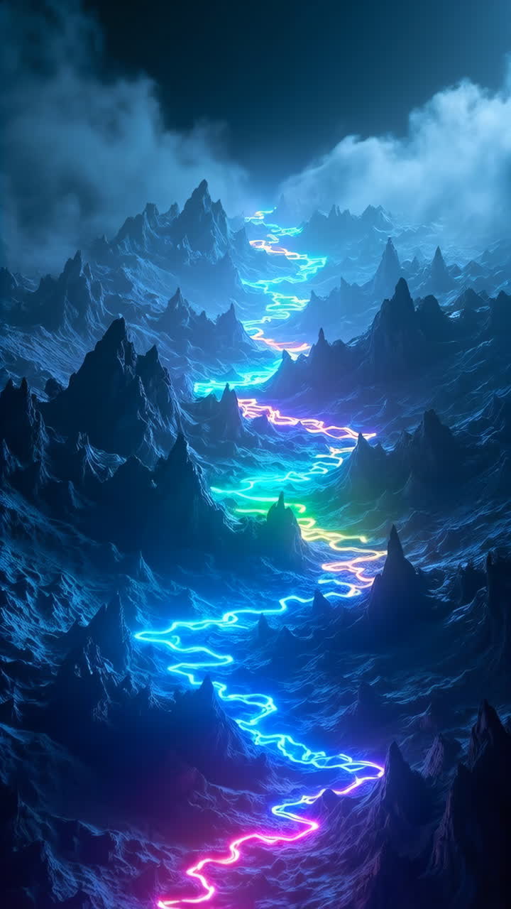 Luminous River Flowing Through a Dark Mountainous Landscape