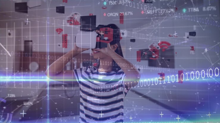Animation of financial data processing over girl using vr headset