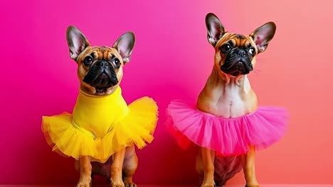 dos bulldogs franceses con tutus sentados uno al lado del otro en un fondo rosa