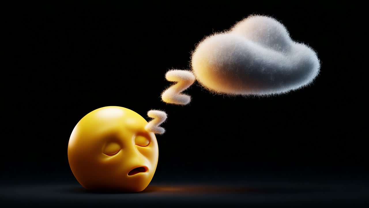 A Yellow Emoji Character in a Dreamy State with Sleepy Expressions and Floating Cloud Imagery, Symbolizing Restfulness and Serenity in a Minimalist Dark Background