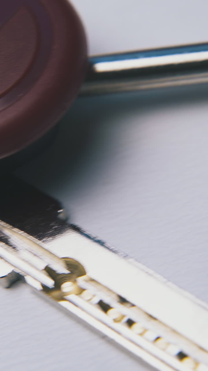motion along set of different modern keys lying on empty white background extreme close view