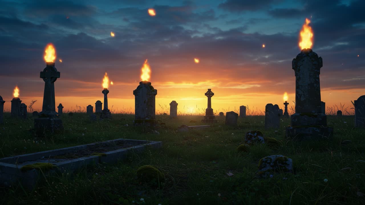 Eerie Twilight at the Graveyard: A Haunting Display of Flickering Flames Illuminating Tombstones Against a Dusk-Draped Sky with Shimmering Stars Above