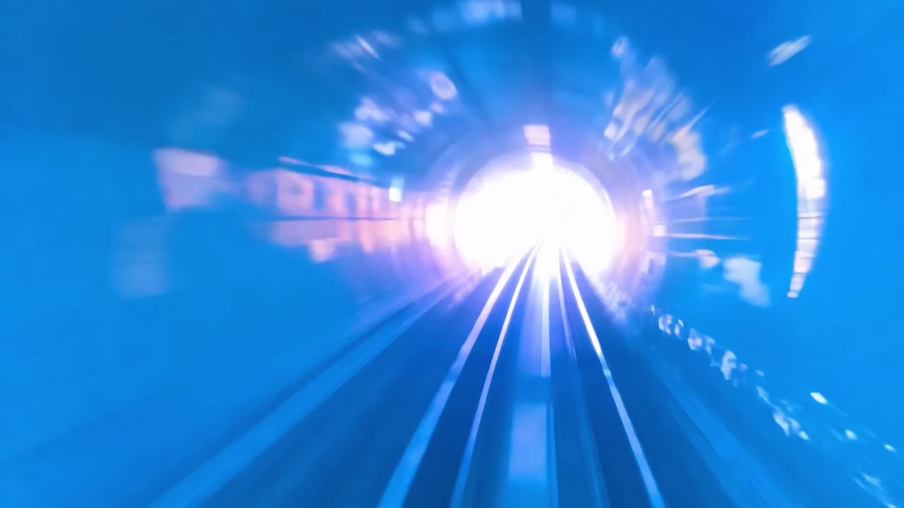Train speeds through a tunnel, emerging toward a vibrant city skyline, showcasing the dynamic contrast of light and dark