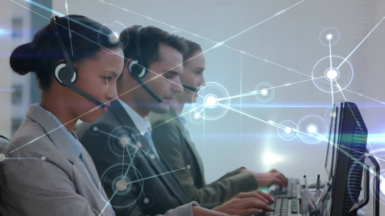 Animation of network of connections over business people wearing phone headsets