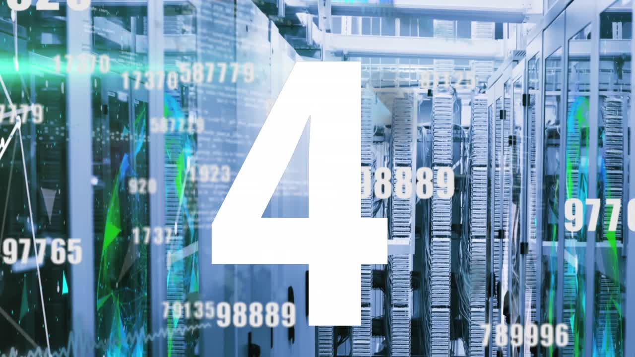 animación de la cuenta atrás de 10 a 1 sobre números cambiantes y puntos conectados sobre la sala del servidor