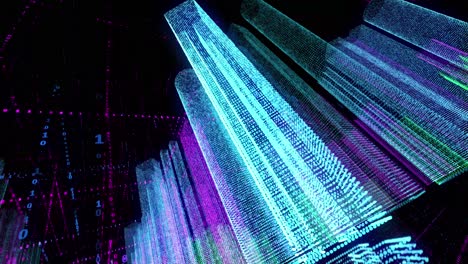 abstract digital cityscape with binary code and glowing lights