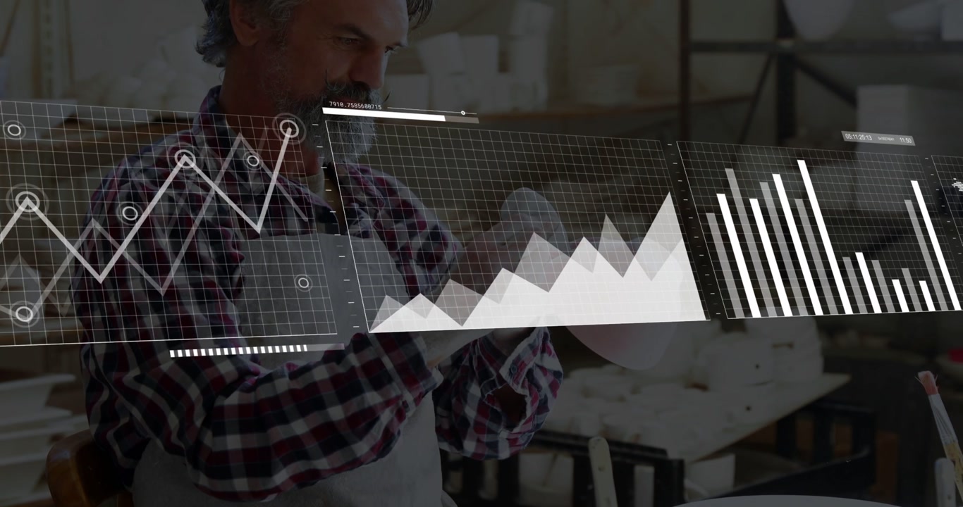 Potter rotating, inspecting vessel in shop, data panels appearing evolving into map tracking sales