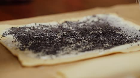traditional pastry making begins with poppy seeds and sugar on rolled-out dough