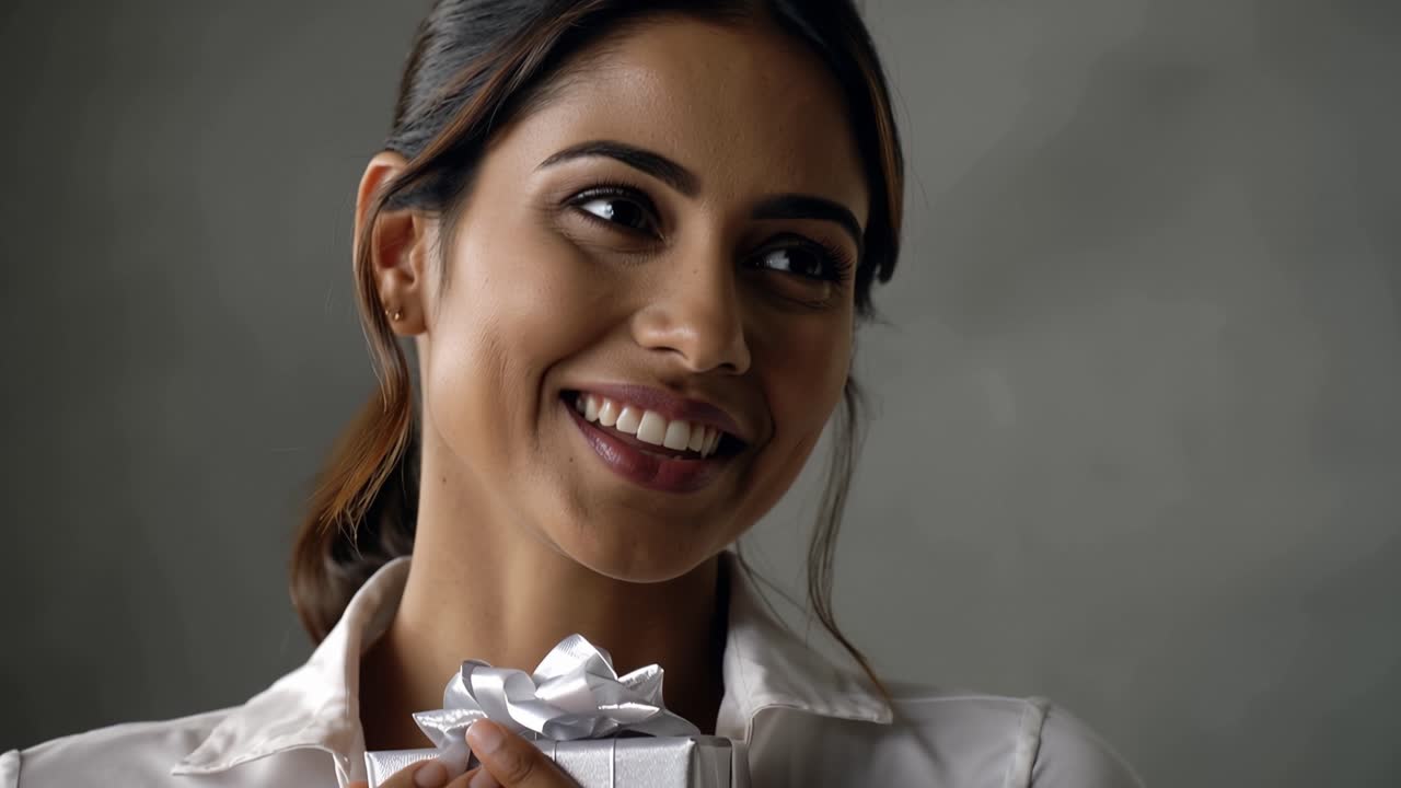 Giovane donna felice che tiene una piccola scatola regalo e sorride