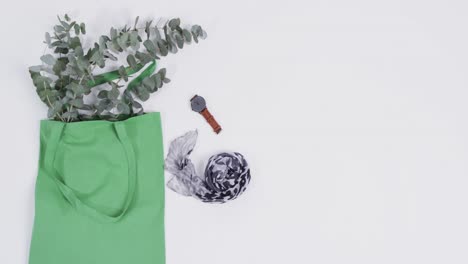 video of green canvas bag with plant, scarf, watch, copy space on white background