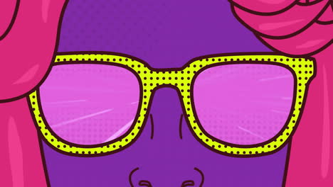 animation of woman wearing glasses over purple background with light trails